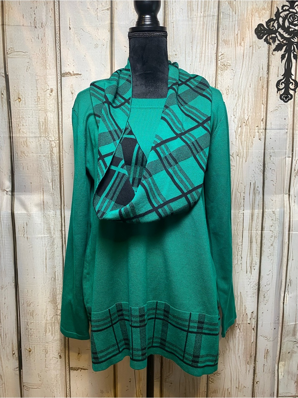 Kim Rogers Green Plaid Tunic with Infinity Scarf Sz-XL